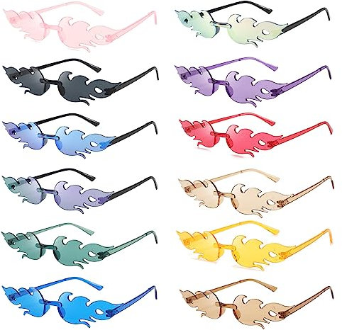 12 Stück Flammen Sonnenbrille,Mode Retro Punk-Stil Feuer Flammen Brillen,Creative Randlose Bunte Brillen, Für Maskerade Party Dekoration,Geburtstags,Draussen Aktivitäten(Unisex)