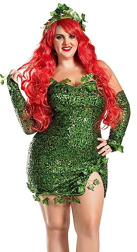 Costume da donna deluxe verde edera per Halloween, cosplay, senza spalline, tubo, abito aderente con foglie finte, vestito con paillettes, guanti + set copricapo (A-verde, S)