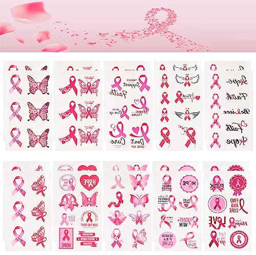WANDIC Lot de 20 feuilles d'autocollants de tatouage en ruban rose, pour sensibilisation au cancer du sein, soutien temporaire, tatouages pour activités de fête