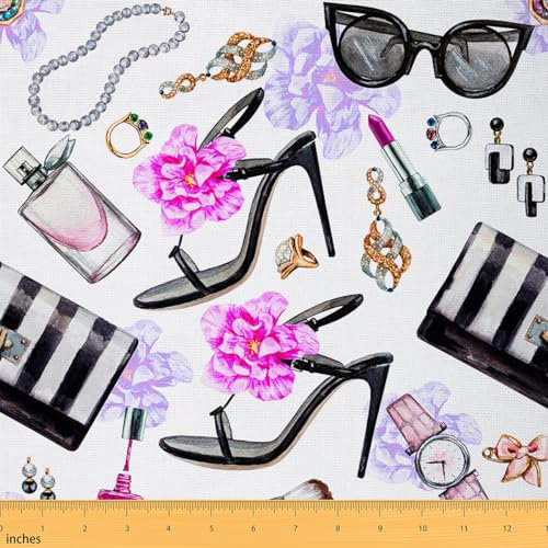 The Yard Tessuto con tacco alto da ragazza acquerello fiori rosa rossetto tessuto per ragazze amanti del cucito signora profumo glitter gioielli decorazione tessuto per tappezzeria fai da te e accenti