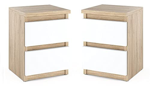 MRBLS_HOME Nachttisch 2er Set Nachtschrank Nachtkommode Modern Möbel mit Schubladen Kommode Holz Schubladenschrank für Ihr Schlafzimmer (Sonoma - Weiß Matt) – 30 x 40 x 30 cm (B/H/T)