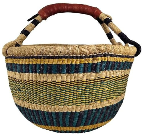 Bolga Korb Afrika - XXL - Das Original aus Ghana - Bunt - Fair Trade - Rund - Viele Farben - Afrikanischer Graskorb mit Ledergriff - Flechtkorb 30-40 cm - Rundkorb mit Wunschdesign (New Ho)