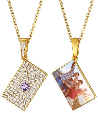 FindChic Halsketten für Frauen, Pärchen Halskette mit Briefumschlag Anhänger, Kristall Foto Kette, Zirkonia Paar Kette, 18k vergoldet Geburtsstein Schmuck