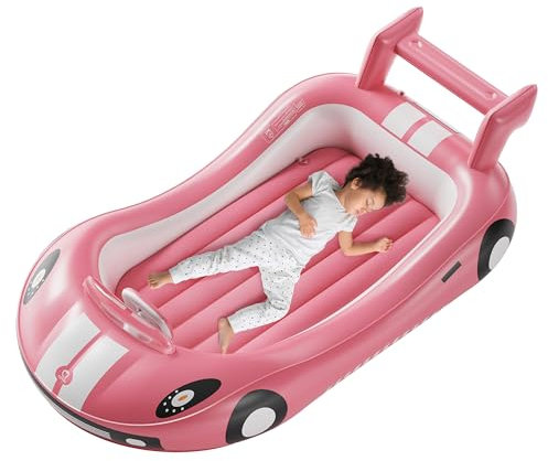 QPAU Aufblasbares Kinderreisebett mit Rausfallschutz 202x115cm – Inkl. Handpumpe+Tragetasche – Luftmatratze für Kleinkinder Schlafen – Campingbett & Hotelbett Reisen/Zuhause – Rosa