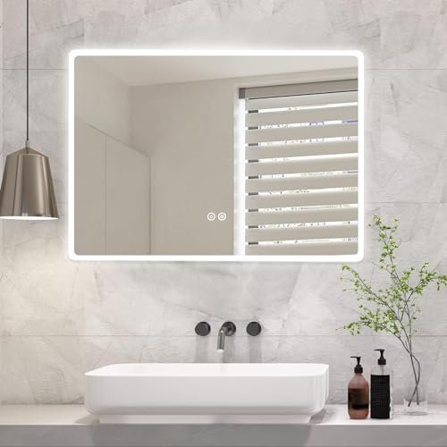 Sunowl 700x500mm Bathroom Mirror with LED Lights, Energy-Saving Wall-Mounted Vanity Mirrors, Illuminated Bathroom Mirror 3 Colors Dimmable/Demister Pad, Horizontal