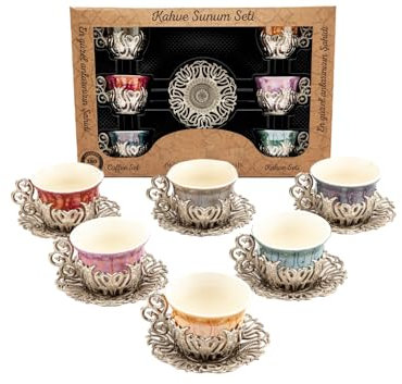 PARK & OZ Lot de 6 tasses à café turc à expresso avec supports en métal et soucoupes pour femmes, hommes, adultes, invités ou pour goûter
