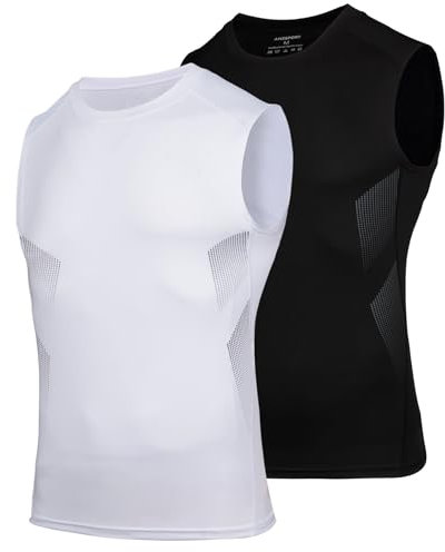 AMZSPORT Tank Top Herren Kompressionsshirt Ärmelloses Funktionsshirt Atmungsaktives Muskelshirt Laufshirt Sports Unterhemd,SchwarzWeiß L