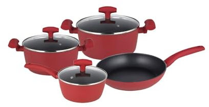 Posten Anker Topfset Induktion 7-teilig, Edelstahl satiniert, für alle Herdarten, Kochtöpfe mit Glasdeckel, Induktions Töpfe Set (7 tlg Premium-Rot)