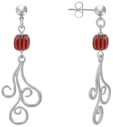 LES POULETTES BIJOUX - Orecchini Chiodo in Metallo Argentato Perline Striate e Arabeschi - Rosso