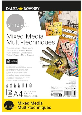 Daler-Rowney, Simply, papper för blandade tekniker, lätt textur, 160 gsm, block, limning 1 sida, A4-21 x 29,7 cm, vit, 30 ark