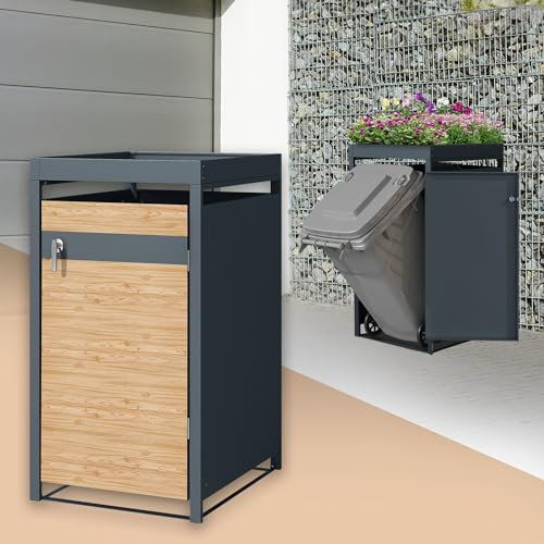 ML-Design Box pour 1 Poubelle avec Toit Végétal, jusqu'à 240L, 68x80x124 cm, en Acier, Anthracite/Aspect Mélèze, Résistant aux Intempéries, Habillage de Poubelle Verrouillable, Conteneur Abri Hangar