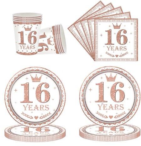 52Pc Rose Gold Tableware Set for 16th Birthday, Rose Gold Paper Napkins, Cups & Plates, 16th Birthday Decor