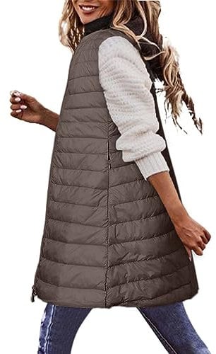 Womens Diamond Quilted Padded Long Sleeveless Jacket Funnel Neck Outerwear Ladies Waistcoat Gilet Longline Coat Bodywarmer without hood Vest Adjustable Waist Clearance