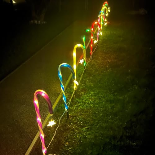 10 Stück Solar Candy Cane Lichter,Weihnachten LED Zuckerstangen Lichterketten,8-Modi Festival Lichter Weg Marker String Licht mit wasserdichtem für Außendekoration Weihnachten Deko (RGB)