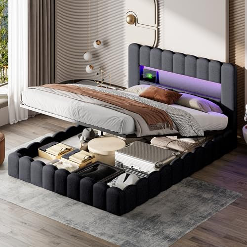 Queen Size Lift Up Bettgestell 140 x 200 cm Grau Polsterbett mit LED-Lichtern, Stoffplattformbett mit Kopfteil, Holzlattenstütze, hydraulische Aufbewahrung, Einfache Montage