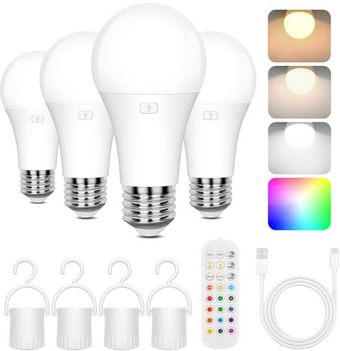 Lot de 4 ampoules A19 à piles rechargeables avec télécommande, ampoule LED amovible à intensité variable avec 15 couleurs sélectionnables et 3 minuteries, ampoule palet sans fil pour applique murale,