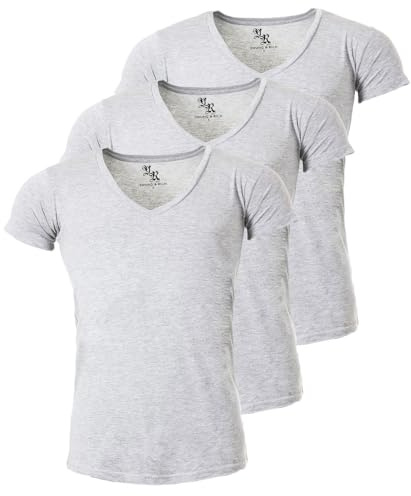 Young & Rich Herren Uni T-Shirt mit extra tiefem V-Ausschnitt slimfit stretch Dehnbare Passform einfarbiges Basic Shirt - 3er Pack