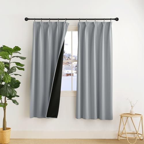 PONY DANCE 100% Blackout Curtains for Bedroom - Gray PLYLUX Thermal Pencil Pleat Rod Pocket Curtains Darkening Drapes Full Light Blocking Curtain for Living Room, 2 Panels, 46 x 72 Inch, Grey
