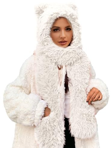 Damen Winter Warm Beanie Mütze Schal Set im 2024 Winter Faux Flanell Hut Kapuze Hut Schal 2 in 1 Kapuzenschal für Frauen Weiß Mütze mit Ohren Schal Handschuhe Hut Set, weiß, One size