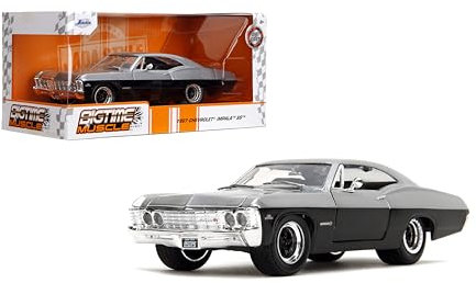 Jada Toys Bigtime Muscle 1:24 1967 Chevrolet Impala SS – Öffnungstüren, Motorhaube, Kofferraum, Gummireifen (Candy Silver/Black)