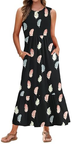 AUSELILY Sommerkleid Damen Lang Ärmelloses Maxikleid Damen Sommer Strandkleid Lange Rundhals Tank Top Kleider Leicht und Luftig mit Taschen Elastischer Taille Bunte Feder M