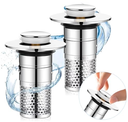 2 Piezas Tapón Lavabo, Tapon Fregadero Cocina Universal Pop Up, Tapa de Acero Inoxidable con Filtro Antiobstrucción