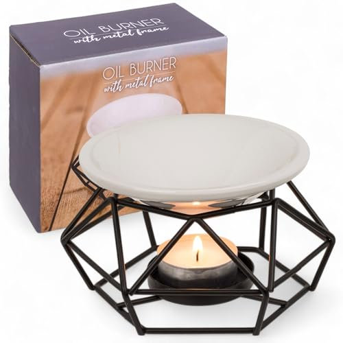 MIJOMA Duftlampe für ätherische Öle, Aromatherapie-Diffusor mit Keramikschale & Metallgestell, Teelichthalter, modern-industrielles Design, Schwarz/Rosegold, 12 x 8 cm (Schwarz)