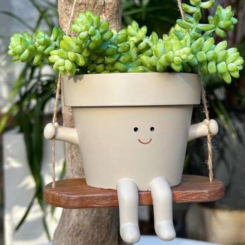 Nitoope Hanging Planter Swing Face Planter Pot, Indoor Outdoor Plant Pot, Cute Resin Head Planters with Drainage Hole, Succulent Pearls Flower Pots, Gift Ideas for Holiday,Birthday (Off-White- Small)