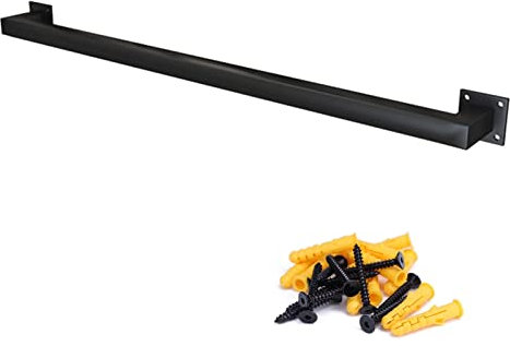 Industrielle Dachboden-Treppe, mattschwarz, verzinkter Stahl, Wandhalterung, Halterung mit geradem Vierkantrohrgeländer und Haltegriff, für Innen- und Außenbereich, Deck-Handlauf für 390 cm Länge