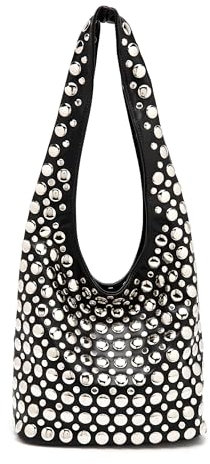 Ophlid Stylish Studded Hobo Bag Y2K Rivets Bucket Purse for Women Trendy Small Shoulder Tote Handbag, Black, S