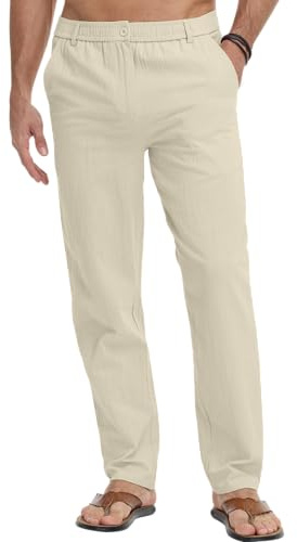 LVCBL Men's Linen Trousers Elasticated Waist Summer Casual Trousers Regular Fit M-3XL