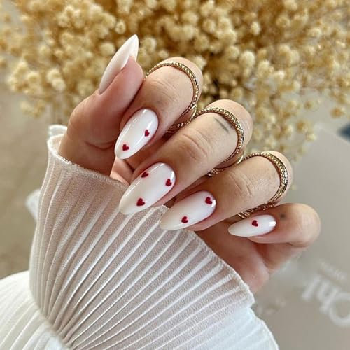 Lot de 24 Faux Ongles Amande, Blanc Ongles à Coller Brillant Français Press on Nails avec Motif Cœur Rouge, Artificiel Couverture Complète Acrylique Faux Ongles Autocollants pour Femmes Filles