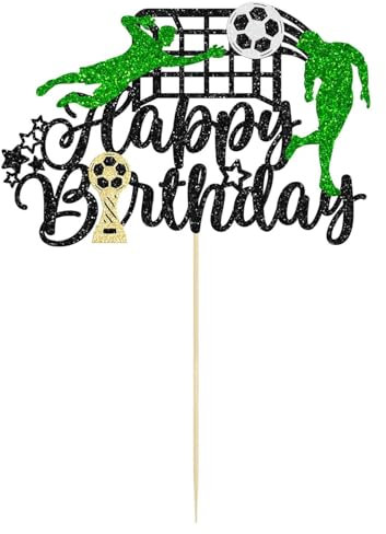 Soccer-Themed Happy Birthday Cake Topper - Glitter Football Player Pick for Sports Theme Birthday Parties (Black)