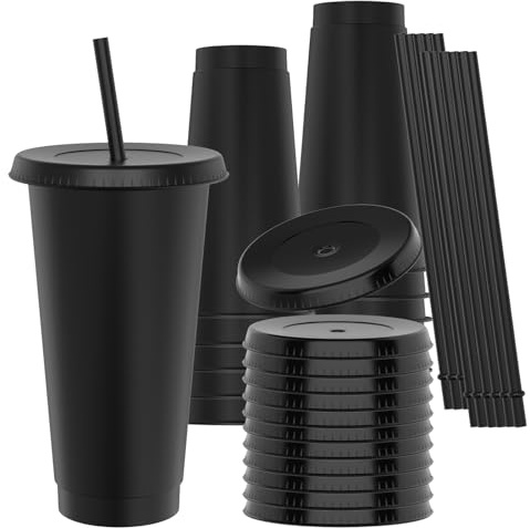 OZMOJOO 710 ml Plastic Cups with Lids and Straws, Sturdy & Food-Safe Iced Coffee Cups with Lid, Plastic Tumbler Reusable, Drinking Cups for Cold Drinks, Milkshakes, Smoothies - Black(12 Sets)