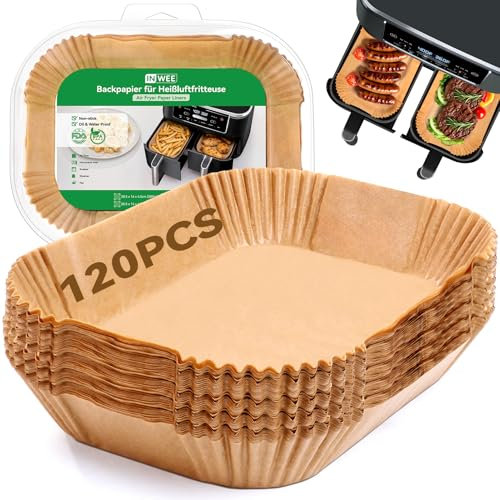 Inwee Papier Cuisson pour Ninja Air Fryer, 120Pièces 20,5x14cm Rectangulair Paper Liners Friteuse sans Huile Accessoires pour Ninja AF300EU, 7.6L/Foodi Max Dual Zone AF400EU et Autres Double Airfryer
