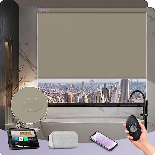 Elektrischer Rollos für Fenster, wasserdicht, anpassbar, kompatibel mit Alexa und Google, wiederaufladbar, motorisierte Fernbedienung, Kaffeefarben, Sichtschutz