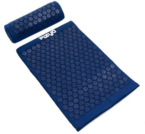 Fizyo Akupressurmatte mit Kissen - Set zur natürlichen Linderung von Schmerzen, Stress und Spannung, Rücken- Nacken- und Schultermassage, Kreislaufstimulation, Muskelregeneration (Marineblau)