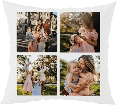 Larilotte Personalisiertes Kissen mit Foto Bedrucken Lassen, Fotokissen Fotokissen mit 4 Fotos 40x40 cm Weiß, Kissen mit eigenem Bild & Text selbst gestalten, mit Füllung optional