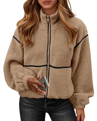 KIRUNDO Sherpa Jacket Women Fleece Oversized Zip Up Winter Coats Fall Jackets Faux Fur Warm Outwear 2026 Fashion Clothing(Khaki, Small)