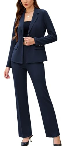 Women's 2 Piece Suits Business Casual Outfits Long Sleeve Solid Pantsuits Professional Office Work Sets Navy Blue