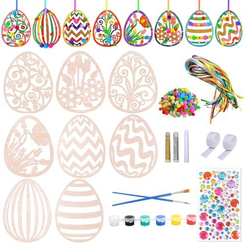Ostern Basteln,107 Stück Bastelset Ostern,Holz Ostereier zum Bemalen,Osteranhänger Holz,Ostereier zum Aufhängen,Osterdeko Basteln mit Pompons, Deko Schnur, Strass, Osteraufkleber, Ostergeschenke