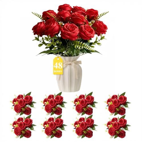 BIRDDIE 24 Fleurs Rouge Roses Artificielles Longue Tige Décoration Mariage | Simil-soie Premium Découpable Flexible Texture Réaliste Décoration Fête Familiale Arrangement Floral Pour Tous Les Vases