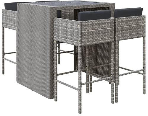 Qnhdfrt Set Bar da Giardino 5 pz in Polyrattan Grigio con Cuscini | Mobile alto da esterno con piano in vetro temperato nero per patio, terrazzo e piscina. Include 4 comodi sgabelli.