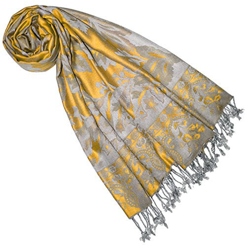 Lorenzo Cana Marken Pashmina Schal Naturfaser Floral Blumen Stola Schaltuch Tuch Stola Gelb Senf Mustard Grau 70 x 210 cm 7844477