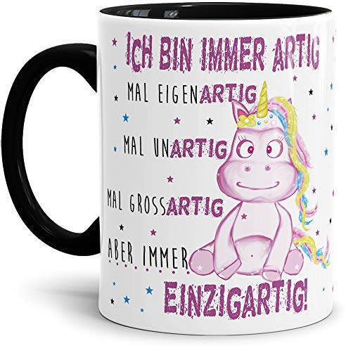 Einhorn-Tasse mit Spruch Immer Einzigartig für Erwachsene - Unicorn/Kaffeetasse/Geschenk-Idee/Freunde/Sterne/Innen & Henkel, Schwarz