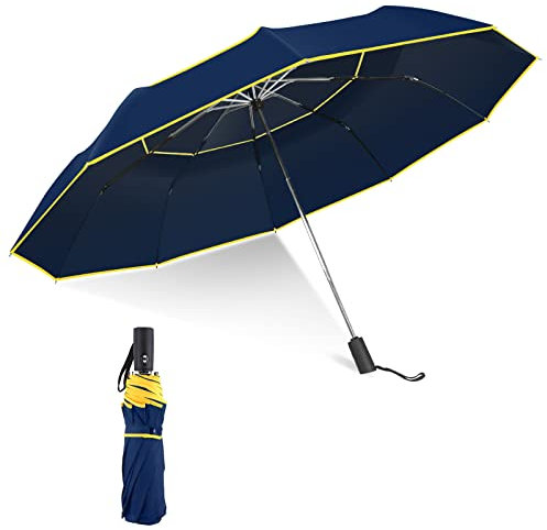 Kalolary Paraguas de Golf de 62 Pulgadas Apertura Automática a Prueba de Viento Compacto Grande Doble Toldo Paraguas Plegable de Viaje Paraguas de lluvia de Gran Tamaño Fuerte (Azul)