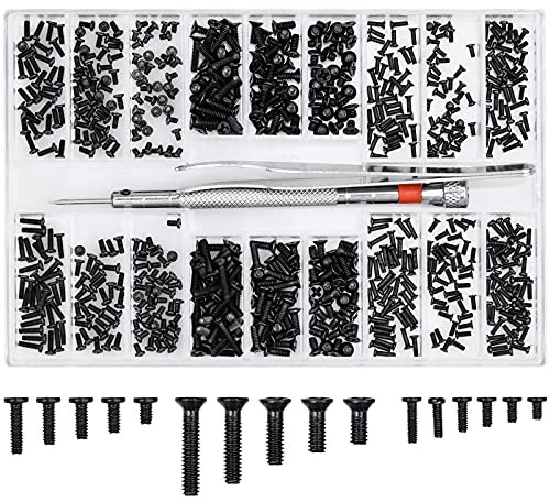 630 Pièces Kit Vis m3 Tête Fraisée, 18 Tailles Vis Sans Tête Kit d'Assortiment de Vis Micro avec Tournevis et Pincettes pour Lunettes Montre Bijoux Réparation