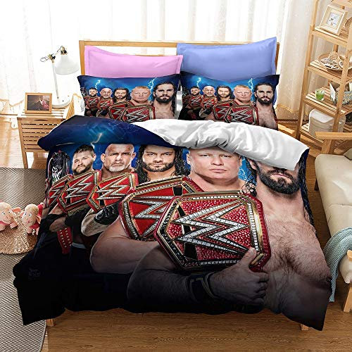 NICHIYOBI World Wrestling Entertainment WWE Bettbezug Bettwäsche Set - Bettbezug und Kissenbezug,Mikrofaser,3D Digital Print dreiteiliger Bettwäsche (14,Single 135x200cm+80 * 80cm)