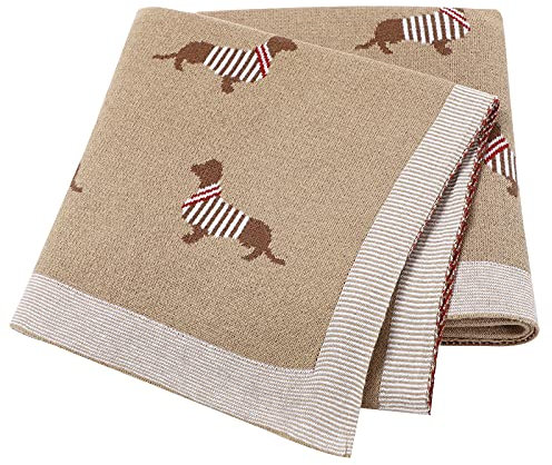LAWKUL Babydecke 100% Baumwolle Weich Gestrickt Babydecken für Neugeborene Jungen Mädchen Dackel Wursthund 100x80cm Khaki