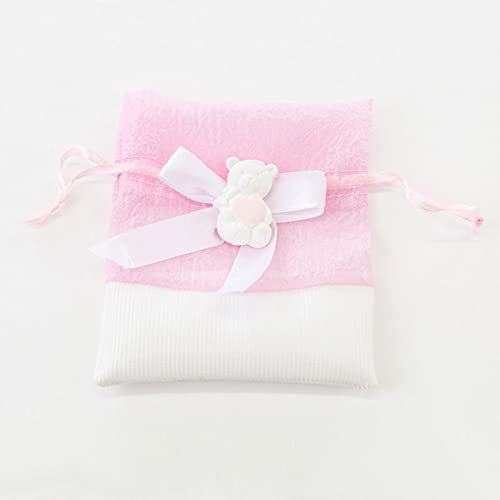 Ingrosso e Risparmio 12 X Sacchetti per Confetti Rosa e Bianco, con Fiocco Bianco e Orsetto con Cuore Rosa in Mano, confettata Bambina Battesimo, Nascita e Compleanno.(Senza Confezionamento)